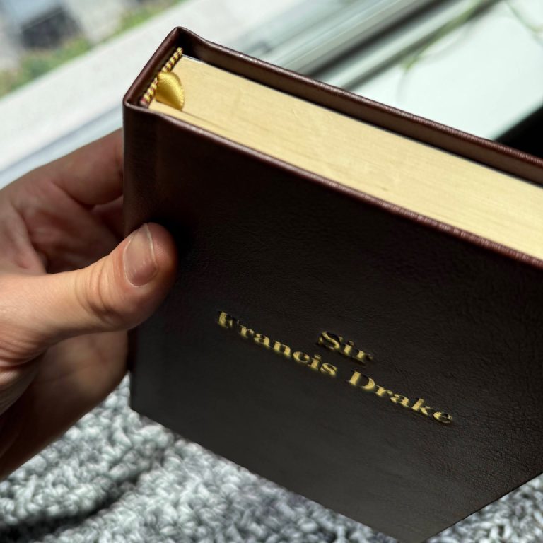 The finished case, hot-stamped title, ribbon marker, and endband.