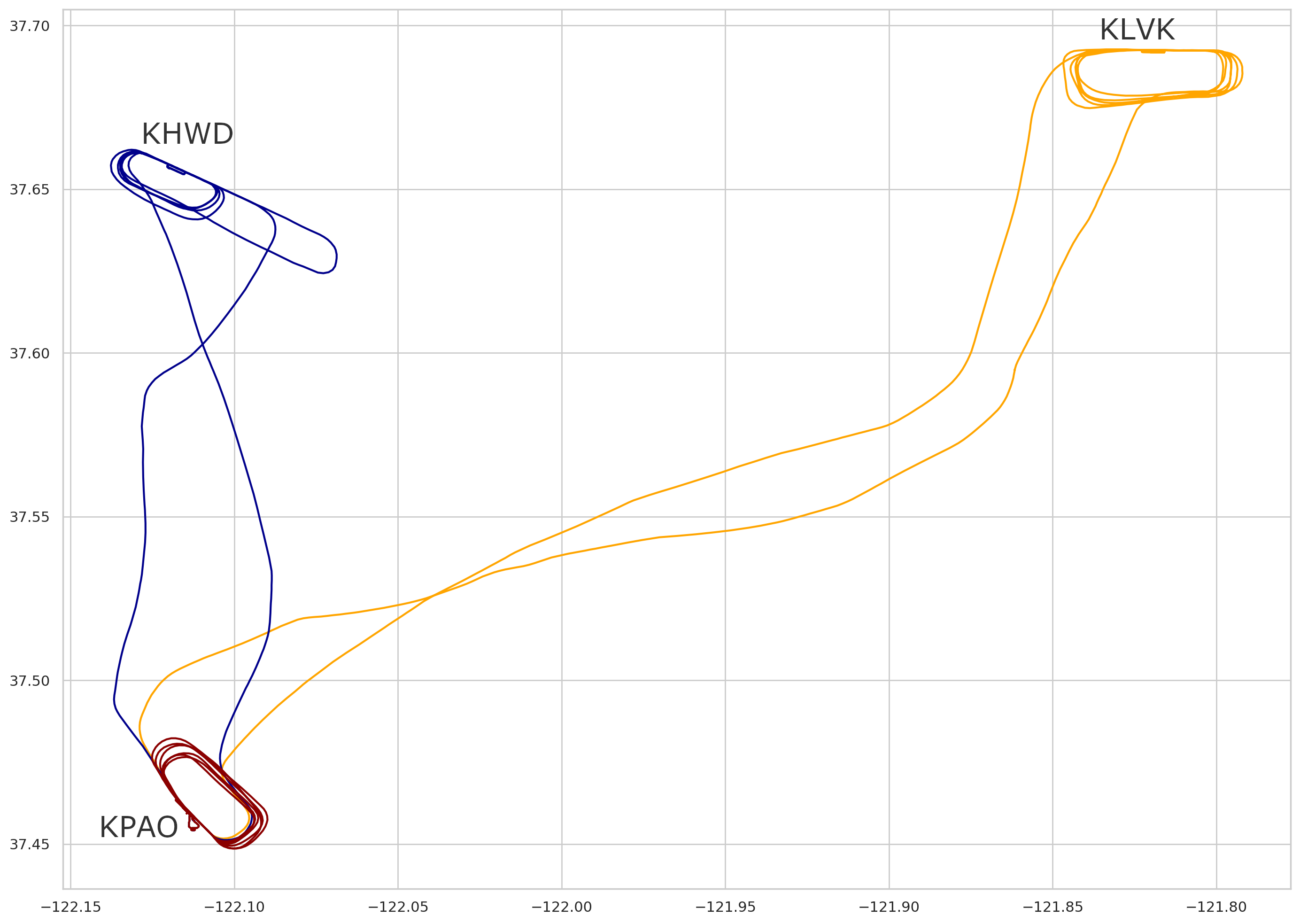 Map of solo flights (annotated)