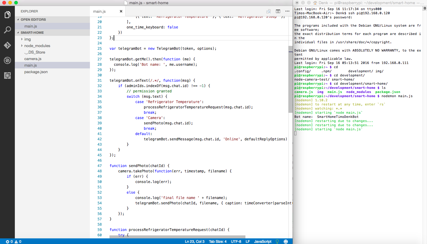 Code with Visual Studio Code on the left and see the console output and errors via SSH on the right.