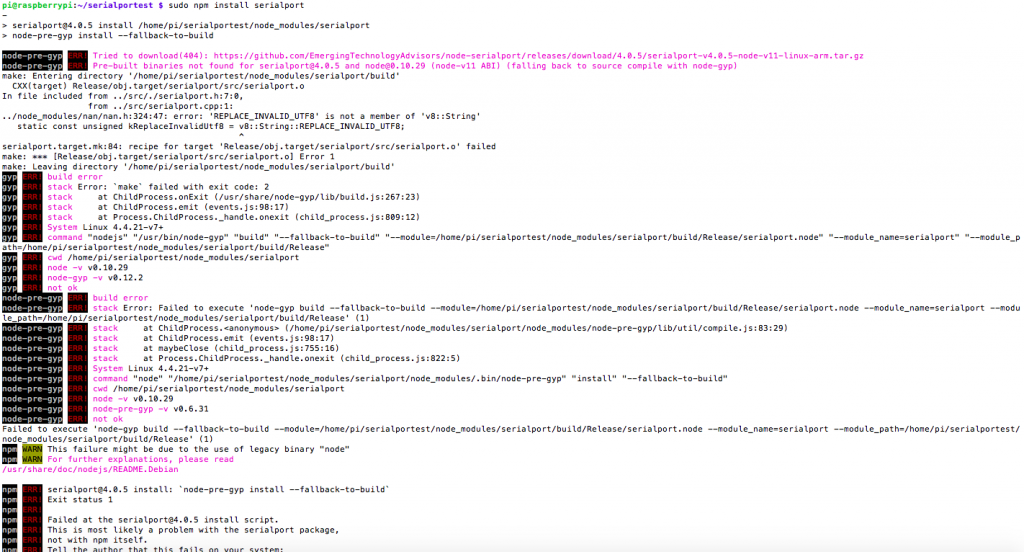 When installing serialport I ran into a lot of errors.